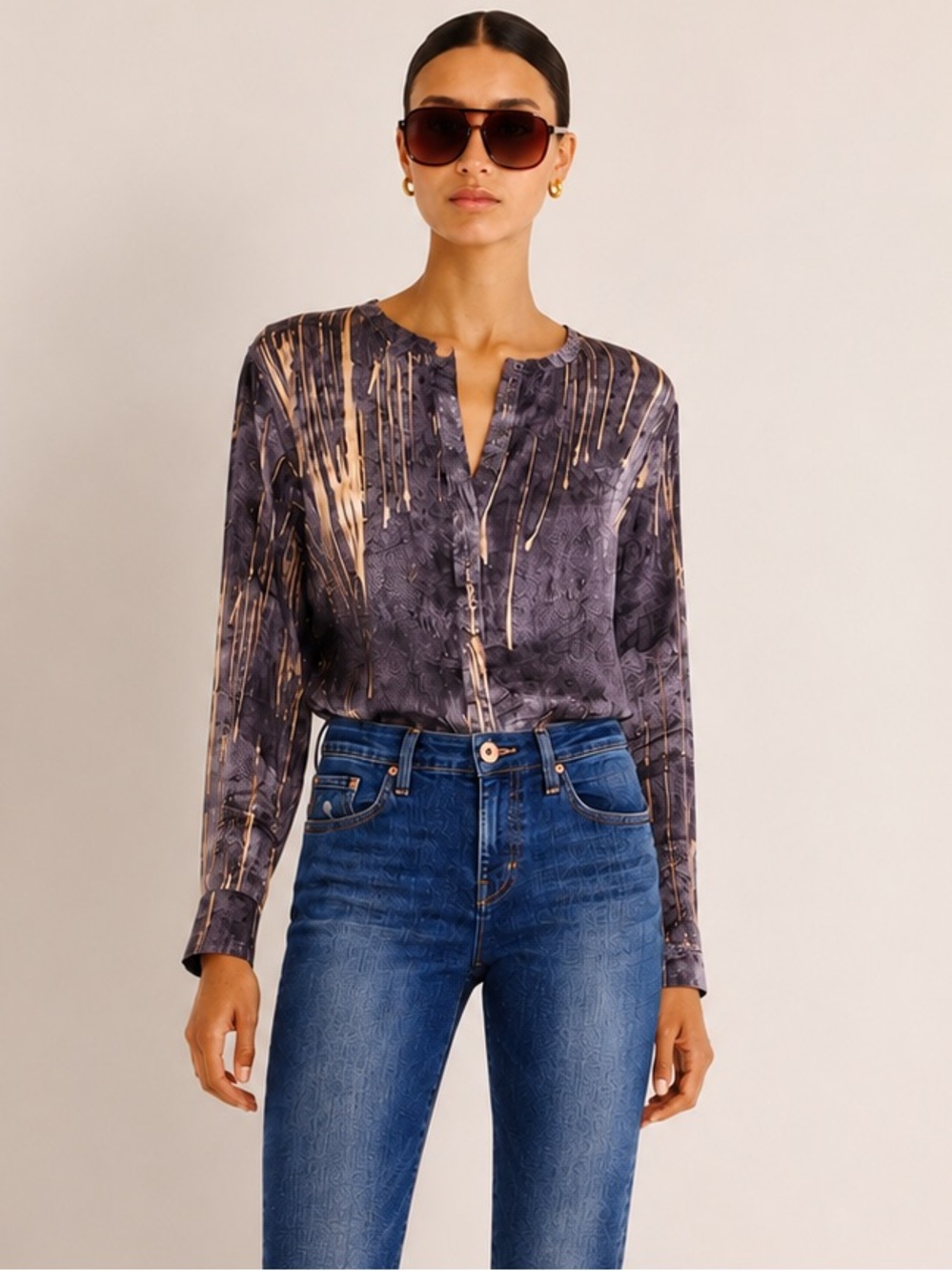 NWOT Go Silk Go Peasant Lightweight Breezy Blouse Deep Blue/Gold Print |  Small